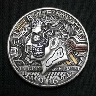 Hobo Nickel Cybernetic Organism Hand Carved Half Dollar Silver Coin W Gold Inlay