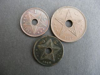 Congo Belgian,  X 3,  1/2/5 Centimes 1910