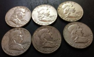 (6) 1960 - 1963 D Franklin Half Dollars Showing Some Wear Not Cleaned (6 Coins)