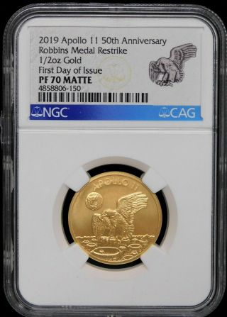 Apollo 11 50th Robbins Medal 1/2 Oz Gold First Day Issue Ngc Pf70 Matte W Box
