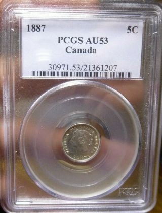 1887 Canada 5 Cents Strong Repunched 7/7 Pcgs Au53