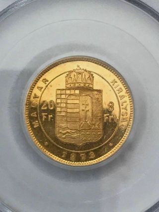 1873 - Kb.  Hungary 8 Frt / 20 Fr Gold Km 455.  1