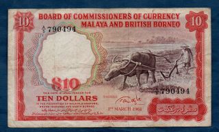 Malaya & British Borneo Banknote 10 Dollars 1961 F,