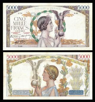 France,  5000 Francs,  5 000 F 1934 - 1944  Victoire ,  1938,  P 97a Vf,