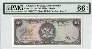 Trinidad & Tobago 1964 (nd 1977) P - 32a Pmg Gem Unc 66 Epq 10 Dollars