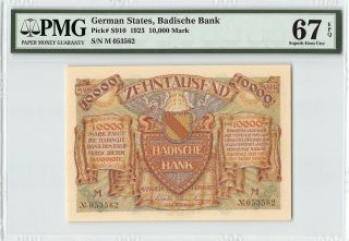 German States,  Baden 1923 P - S910 Pmg Gem Unc 67 Epq 10,  000 Mark