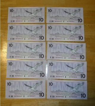 Ten Consecutive Serial Number 1989 Bank Of Canada $10 Notes