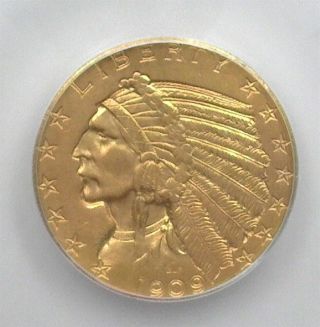 1909 - D Indian Head $5 Gold Half Eagle Icg Ms63,  Valued At $1,  100