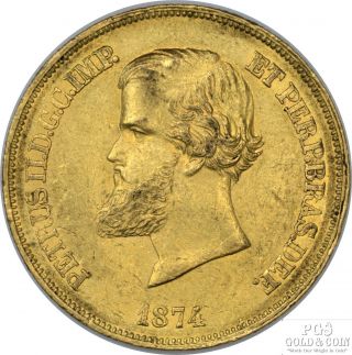 1874 Brazil 10,  000 Reis Gold Coin Pedro Ii.  917 Fineness.  264 Agw 15940