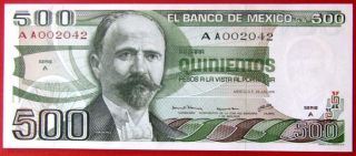 Mexico Banknote 500 Pesos,  Pick 69 Unc 1979 - Low Serial Aa002042