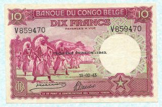 Belgian Congo 10 Francs 1943 P14c Vf,
