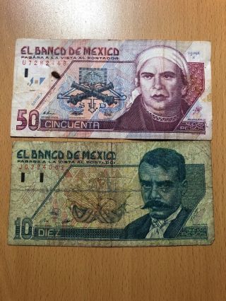 Mexico 50 Nuevos Pesos 1992 And 10 Nuevos Pesos 1992
