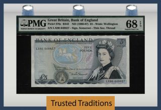 Tt Pk 378c 1980 - 87 Great Britain 5 Pounds " Queen Elizabeth Ii " Pmg 68q Finest