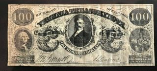 1862 $100 Virginia Treasury Note Richmond Bank Note