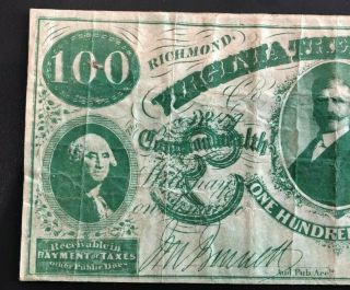 1862 $100 Virginia Treasury Note Richmond Bank Note 5