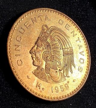 1959 Mexico 50 Centavos Large Copper Coin Red Uncirculated Coin