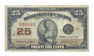 1923 Dominion Of Canada Twenty Five Cents Bank Note (shinplaster)