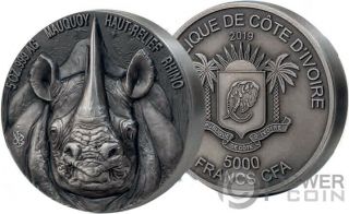 Rhino Big Five Mauquoy 5 Oz Silver Coin 5000 Francs Ivory Coast 2019
