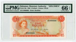 Bahamas Monetary Authority.  1968 Specimen $5 P - 29s Pmg Gem Unc 66 Epq Tdlr.