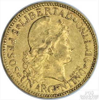 1883 Argentina 5 Pesos Gold Coin.  2334 Agw Un Argentino 15942