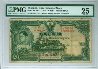 Thailand Government Of Siam 1936 20 Baht P - 29 Pmg Vf - 25 Minor Rust,  Annotations