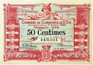 1920 France Chambre De St Die 50 Centimes Currency Note Pick Nl Uncirculated