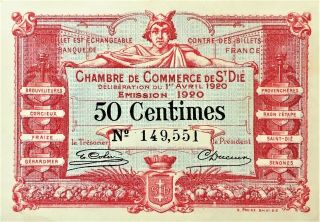 1920 France Chambre De St Die 50 Centimes Currency Note Pick NL UNCIRCULATED 3