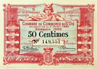 1920 France Chambre De St Die 50 Centimes Currency Note Pick NL UNCIRCULATED 4