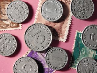 1,  5 And 10 Reichspfennig.  9 Nazi German Coins,  Hitler Stamps Third Reich.  K251