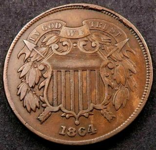 1864 Two Cent Piece (2 Cent) // Choice Au (hints Of Red) // (tc480)