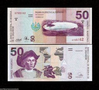 El Salvador 50 Colones P150 1997 A Volcano Ship Unc Latino Currency Money Note