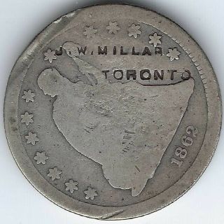 Canada Ontario Toronto J.  W.  Millar On 1862 Quarter Countermark Inv 51