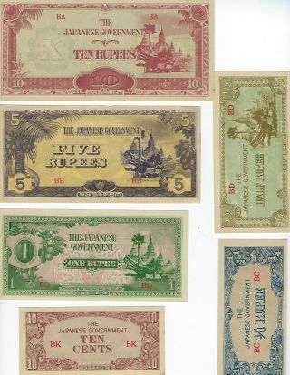 Burma Japan Occupation Set 10c,  1/4,  1/2,  1,  5,  10 Rupees Unc