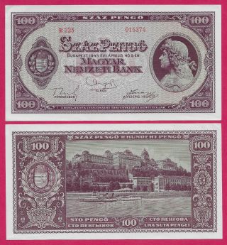 Hungary Rep 100 Pengo 1945 Unc Portrait Of King Matyas And Royal Palace In Budap