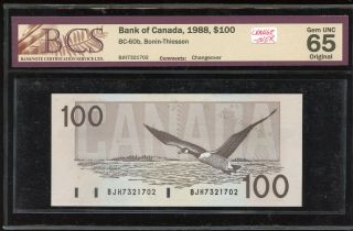 1988 Bank Of Canada $100 Banknote - Bcs Gem Unc 65 - Changeover S/n: Bjh7321702