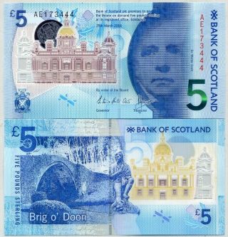 Scotland 5 Pounds 2016 P Polymer Bank Of Scotland Sir Walter Scott Unc Nr
