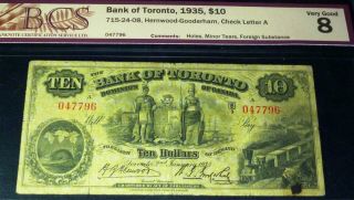 1935 Bank Of Toronto $10 (canada Chartered Banknote)