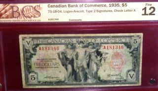 1935 $5 Canadian Bank Of Commerce Canada Chartered Banknote