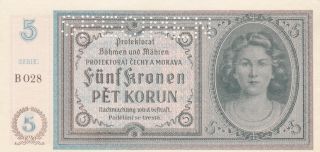 5 Korun Unc Specimen Banknote From Bohemia Moravia 1940 Pick - 4s