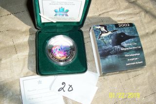 2002 Canada $5 Anniversary Loon Hologram 1 Oz Silver.  9999 Coin Encapsuled/case