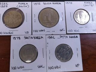 1959 - 1992 South Korea 100 Hwan Coin,  5 X Coin (s) 1959,  1975 (2 Types) 78,  92
