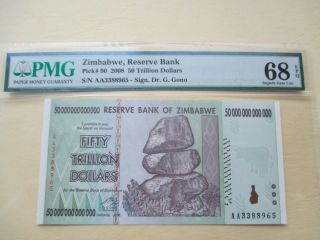 Zimbabwe 2008 P90 50 Trillion Dollers Pmg 68 Gem Unc