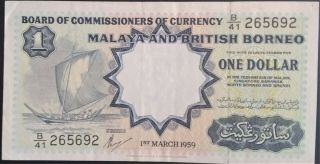 Malaya & British North Borneo $1 One Dollar 1959 Crisp Ef Queen Elizabeth Qeii