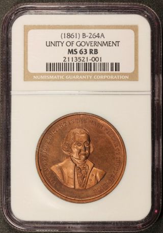 1861 Washington Unity of Government Copper Medal B - 264A HK - 114a - NGC MS 63 RB 2