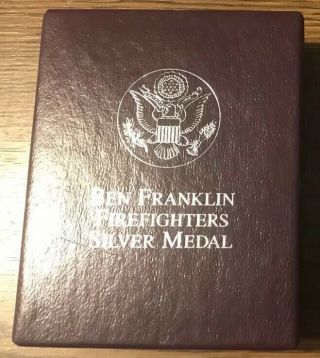 1992 Ben Franklin Firefighters Silver Medal Unc 1oz.  999 Fine Silver W/box &