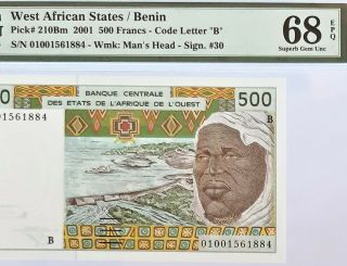 W.  A.  S / Benin - 500 Frs - 2001 - Pick 210bm Pmg 68 Epq Gem Unc Finest Known