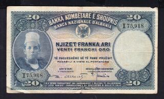1926 Albania Paper Money,  20fr.  Ar.  Sign Alberti R2.