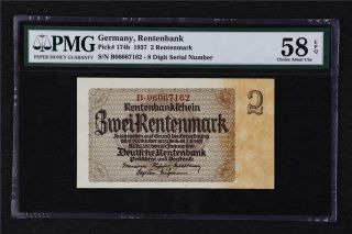 1937 Germany Reichsbanknote 2 Rentenbank Pick 174b Pmg 58 Epq Choice Unc
