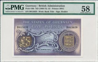 The States Of Guernsey Guernsey 5 Pounds Nd (1969 - 75) Pmg 58