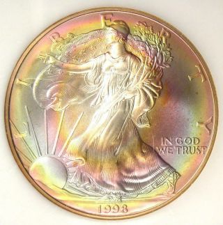 1998 American Silver Eagle Ase $1 - Gem Bu With Rainbow Toning (pci Holder Tone)
